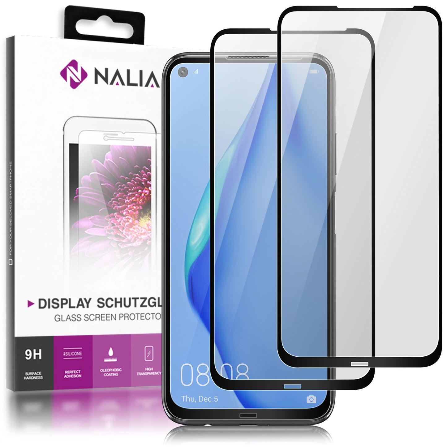 NALIA 2x hlífðargler fyrir Huawei P40 Lite, 9H fullþekjandi filma fyrir skjá farsíma