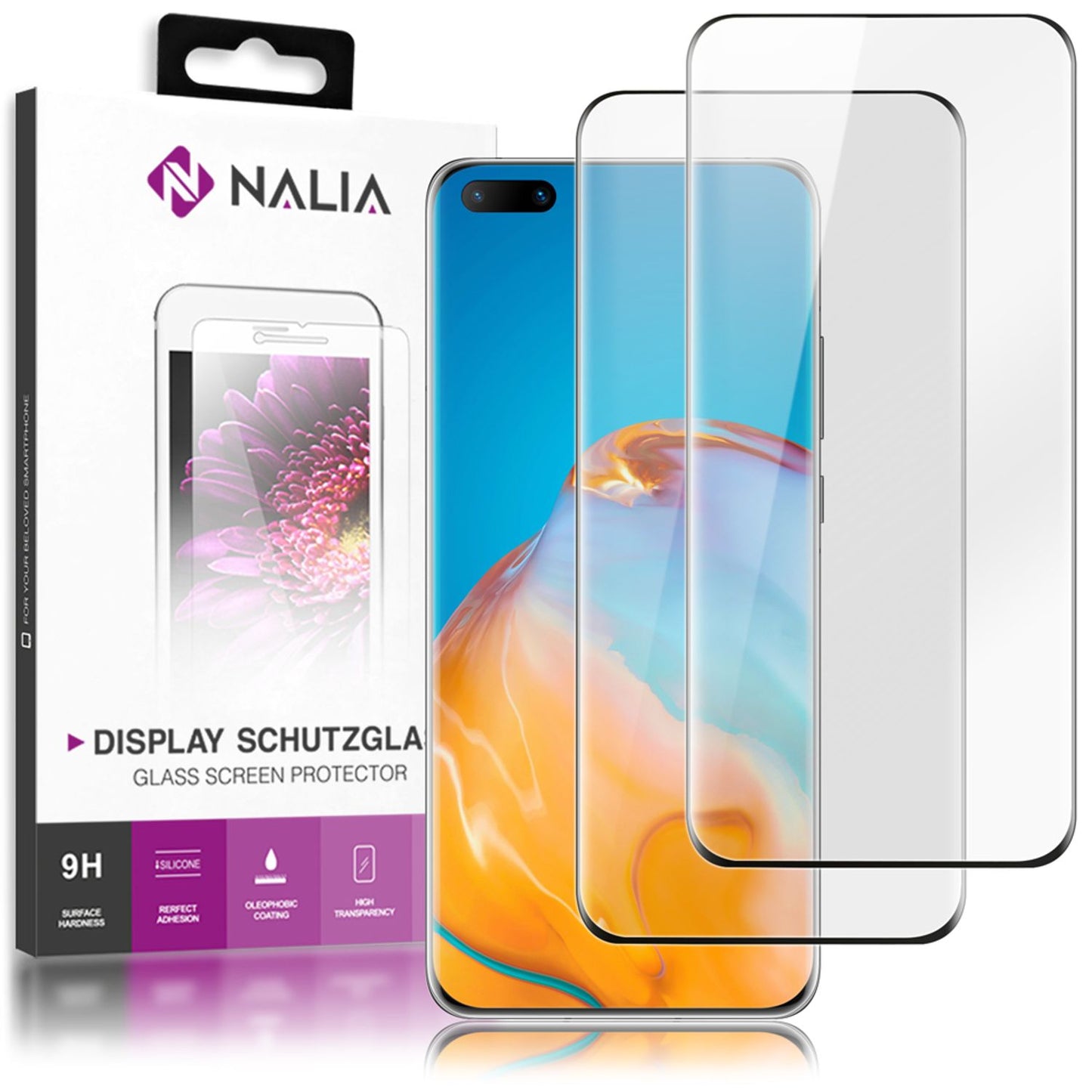 NALIA 2x hlífðargler fyrir Huawei P40 Pro, 9H fullþekjandi filma fyrir skjá farsíma