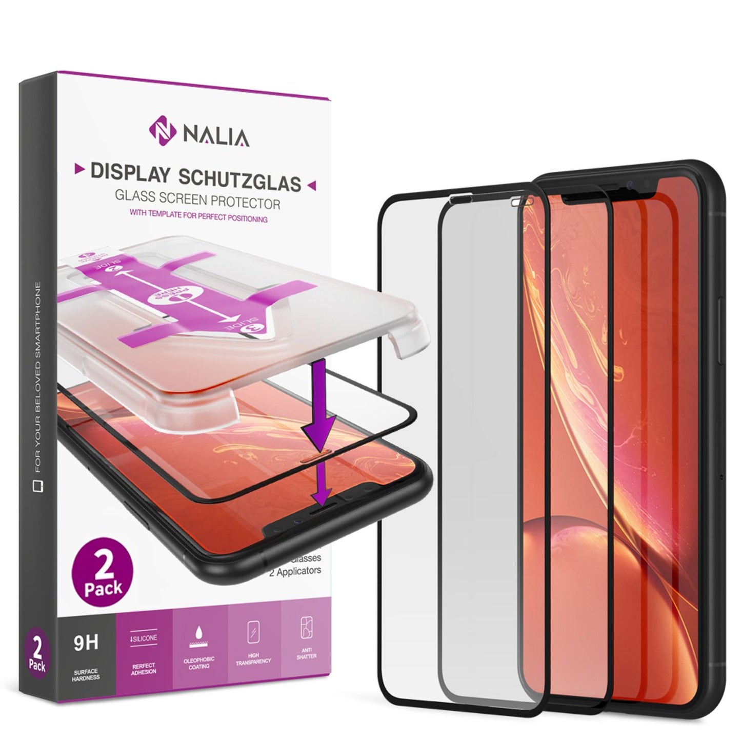 NALIA (2x) hlífðargler og festiefni fyrir iPhone 11 / Xr, hert gler