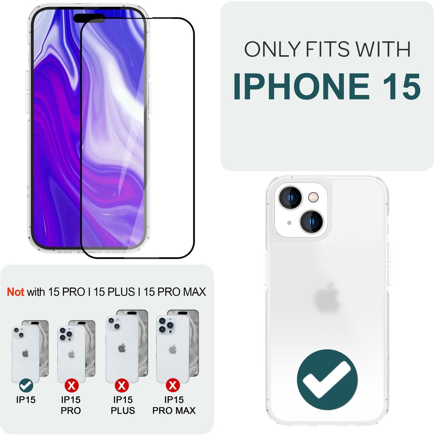 2x hlífðargler með applikator fyrir iPhone 15 skjá með fullri huldu.
