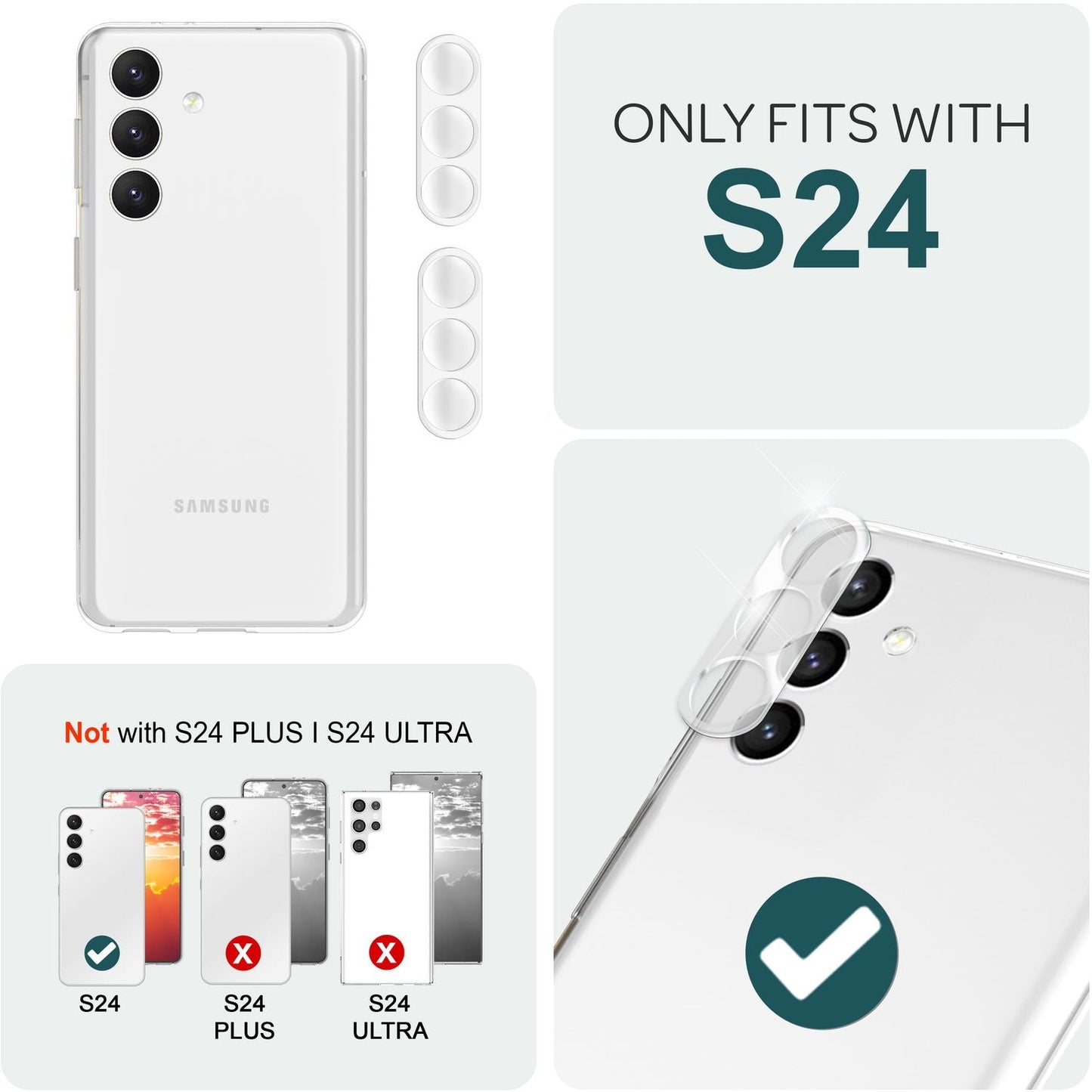 NALIA [2 pakka] Myndavélarlinsuvörn fyrir Samsung Galaxy S24, gegnsætt rispuþolið 9H linsuvörn fyrir aftari myndavél