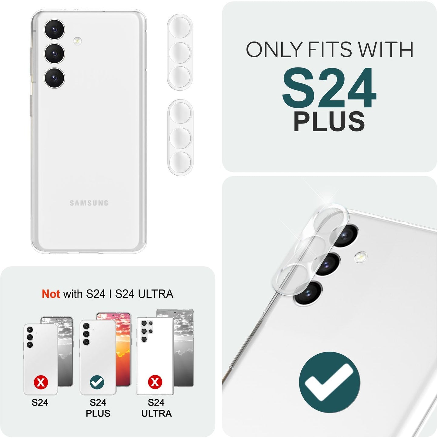 NALIA [2 pakka] Myndavélarlinsuvörn fyrir Samsung Galaxy S24 Plus, gegnsætt rispuþolið 9H linsuvörn fyrir aftari myndavél