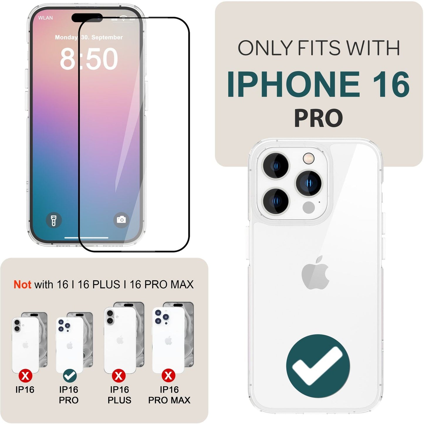 NALIA sett [3 í 1] 2x skjávörn úr hertu gleri og 1x festingarrammi fyrir iPhone 16 Pro, gegnsætt skjávörn úr hertu gleri