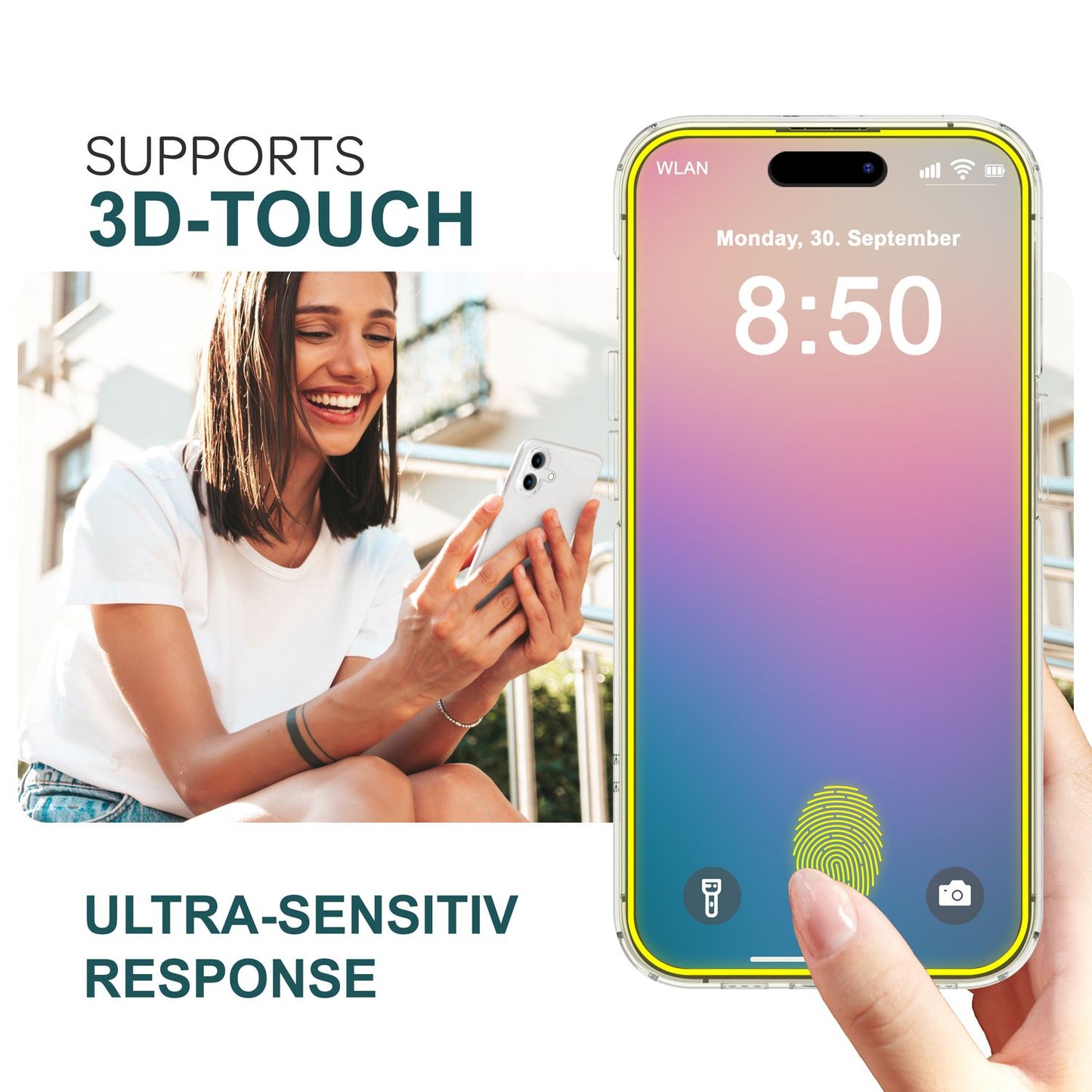 NALIA sett [3 í 1] 2x skjávörn úr hertu gleri og 1x festingarrammi fyrir iPhone 16 Pro, gegnsætt skjávörn úr hertu gleri