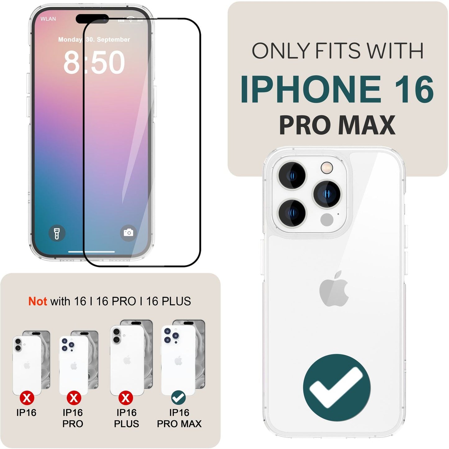 NALIA Set [3-in-1] 2x Tempered Glass Screen Protector &amp; 1x Mounting Frame for iPhone 16 Pro Max, Clear Screen Protector 9H Tempered Glass Film