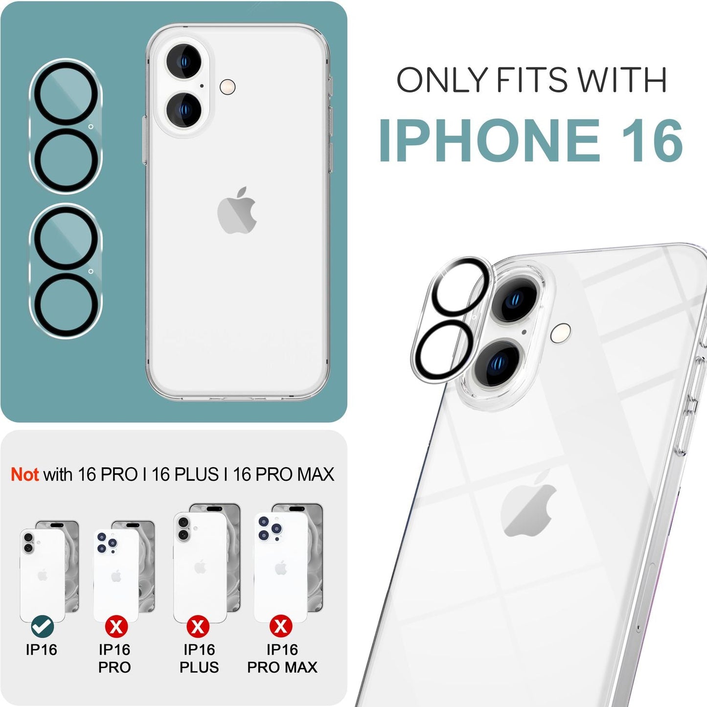 NALIA 2x Camera Lens Protector for iPhone 16, Clear Lens Protector for Rear Camera, Transparent Camera Protection, Camera Glass