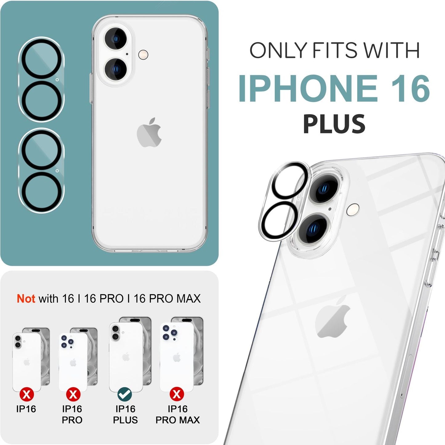 NALIA 2x Camera Lens Protector for iPhone 16 Plus, Clear Lens Protector for Rear Camera, Transparent Camera Protection Glass
