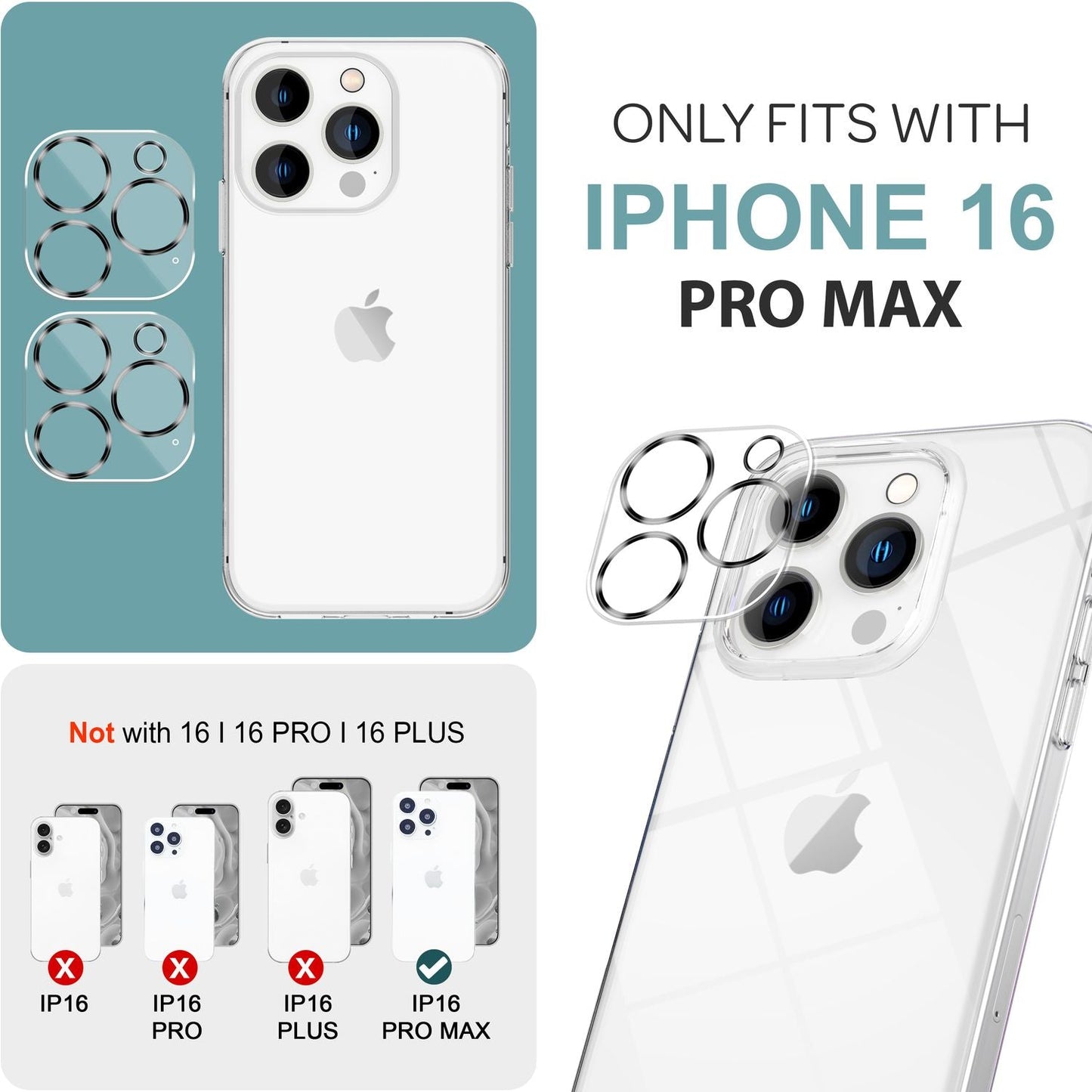 NALIA 2x Camera Protective Glass for iPhone 16 Pro Max, Transparent Lens Protector for Rear Camera, Camera Protection, Camera Glass