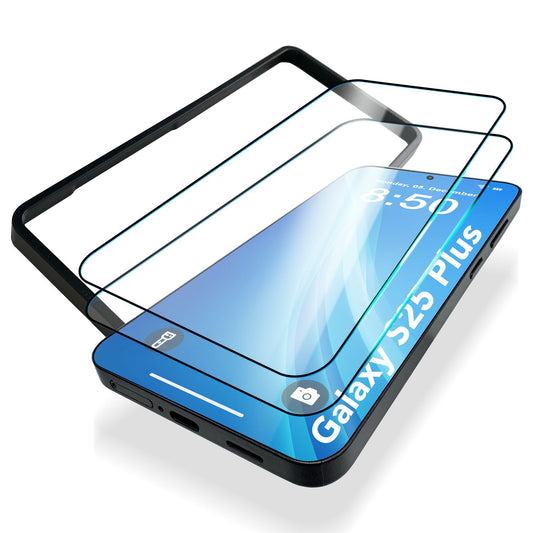NALIA ArmorGlassX fyrir Samsung Galaxy S25 Plus gler, 2x hlífðargler með ramma fyrir uppsetningu, kristaltær 9H skjávörn, gegnsætt skjágler með svörtum ramma