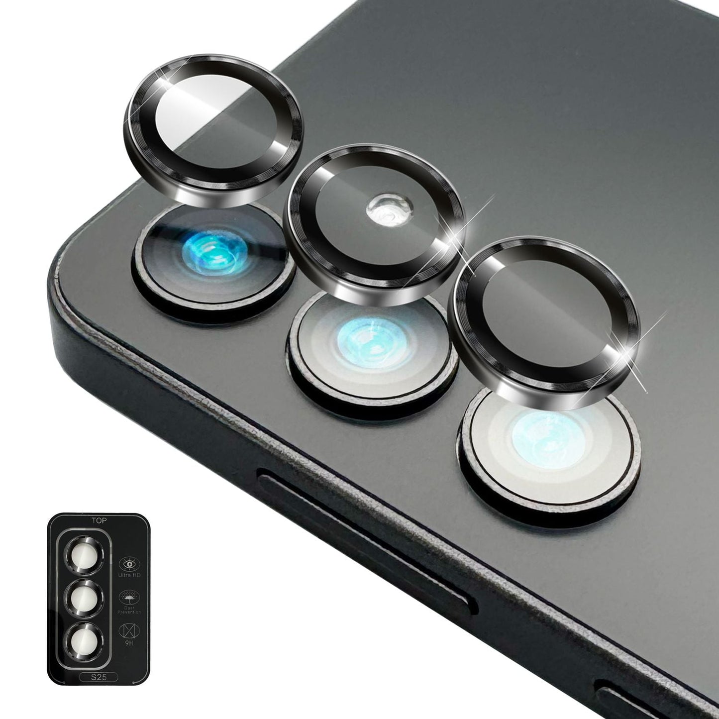 NALIA Focus.Pro CLX für Samsung Galaxy S25 Glas, Reflexionsfreier Kameraschutz, Einzeln Klare Schutzglas Ringe mit Farbrahmen, 9H Linsenschutz für Rück-Kamera, 3 Stück