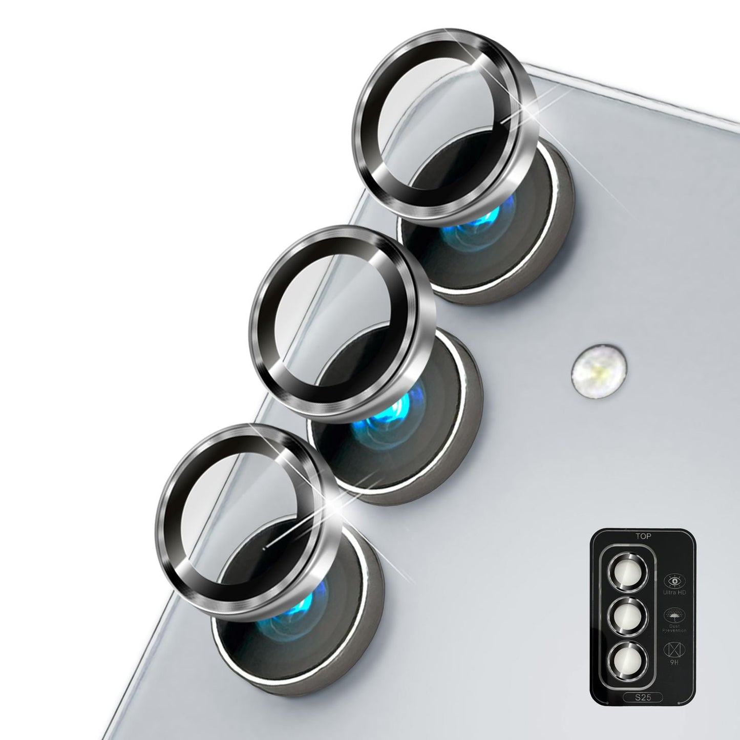 NALIA Focus.Pro CLX für Samsung Galaxy S25 Glas, Reflexionsfreier Kameraschutz, Einzeln Klare Schutzglas Ringe mit Farbrahmen, 9H Linsenschutz für Rück-Kamera, 3 Stück