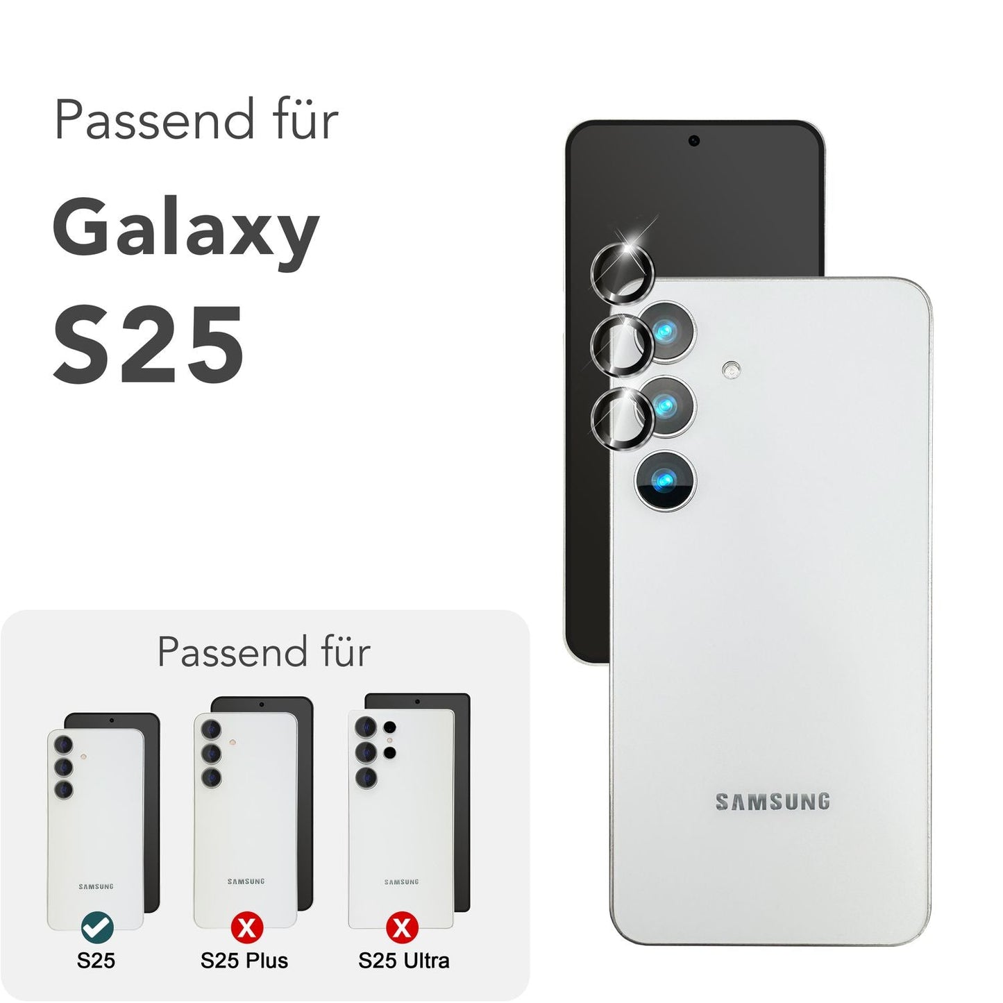 NALIA Focus.Pro CLX für Samsung Galaxy S25 Glas, Reflexionsfreier Kameraschutz, Einzeln Klare Schutzglas Ringe mit Farbrahmen, 9H Linsenschutz für Rück-Kamera, 3 Stück