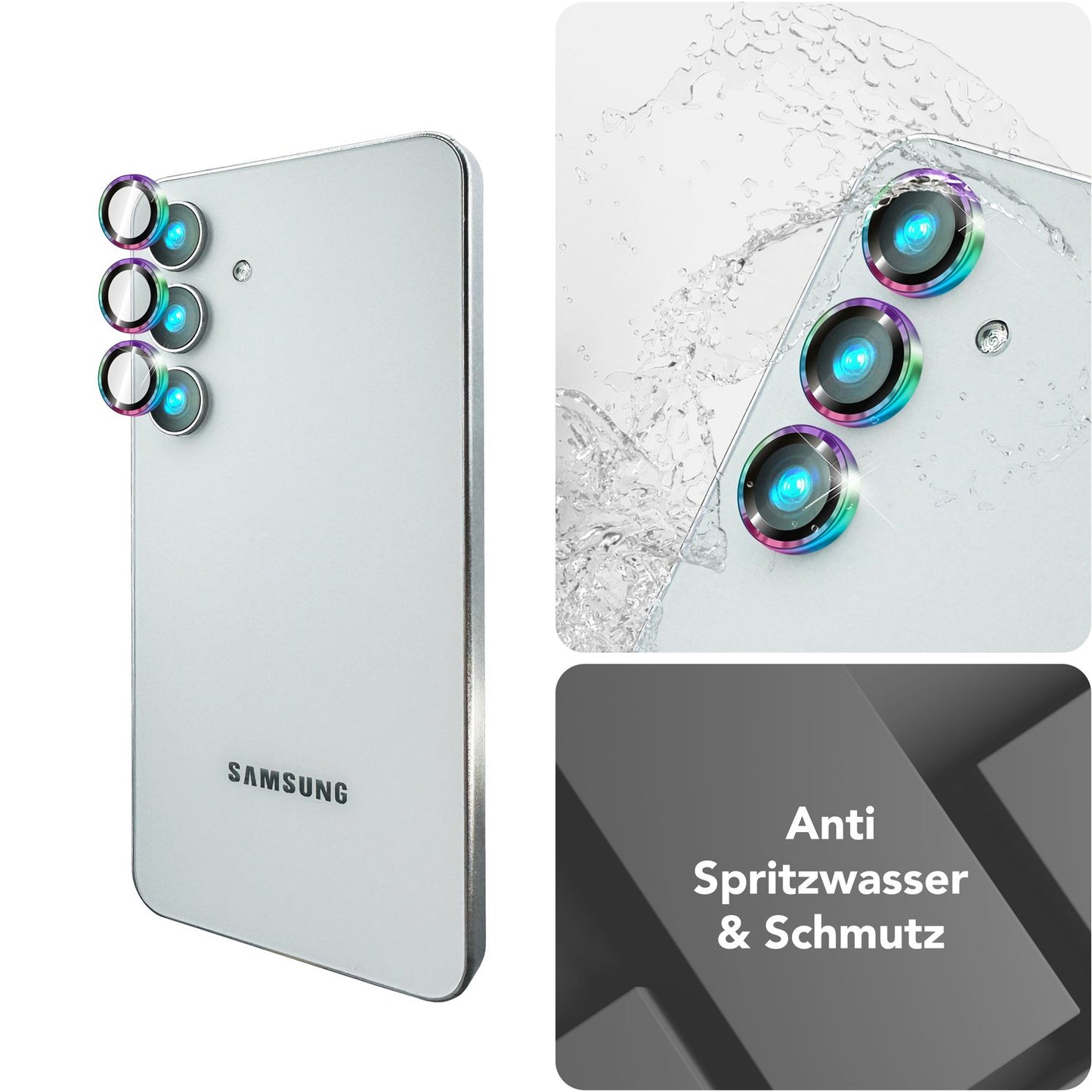 NALIA Focus.Pro CLX Glass for Samsung Galaxy S25 Plus, Anti-Reflective Camera Protection, Individual Clear Camera Lenses with Colored Frame, 9H Lens Rings for Rear Camera, 3 Pack