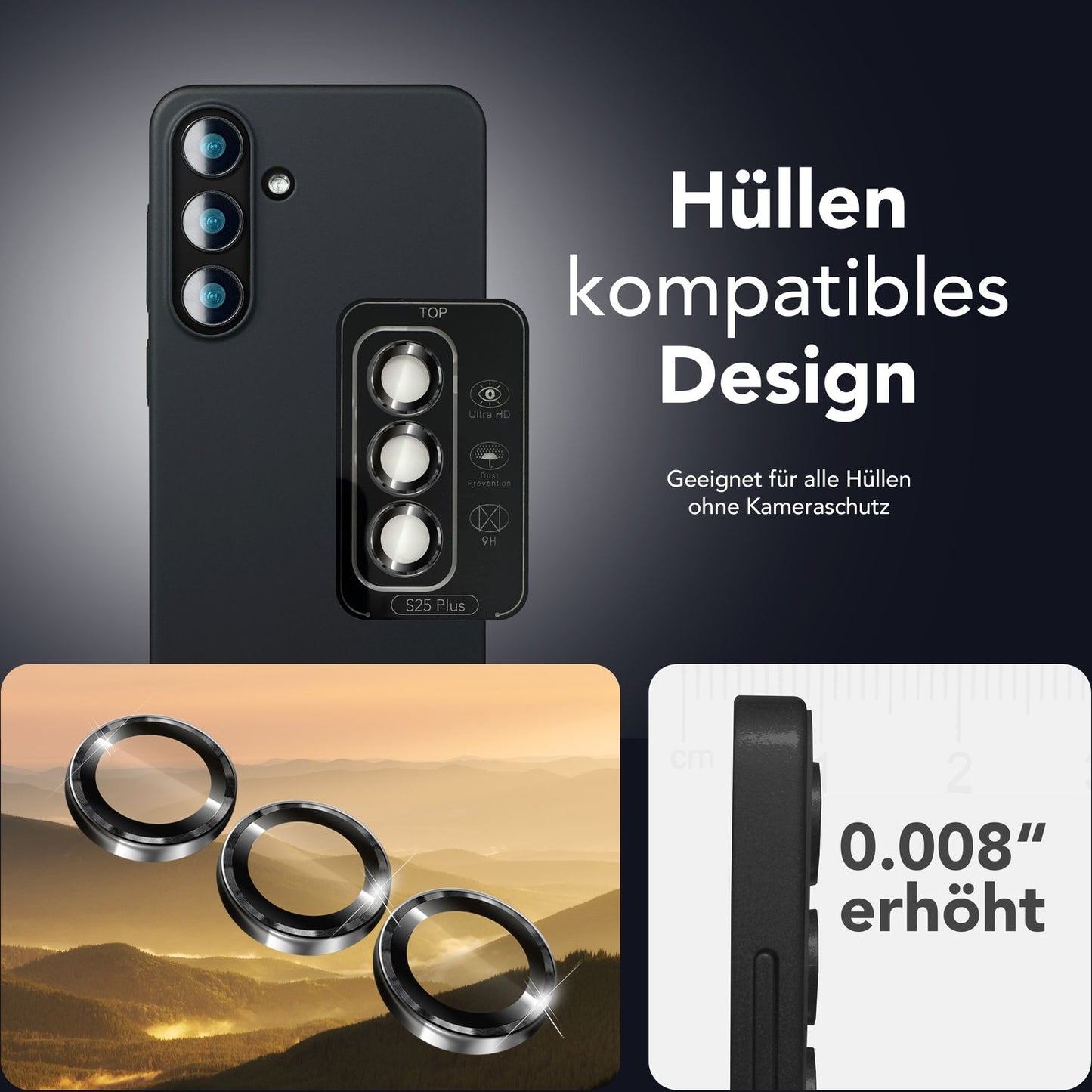 NALIA Focus.Pro CLX Glass for Samsung Galaxy S25 Plus, Anti-Reflective Camera Protection, Individual Clear Camera Lenses with Colored Frame, 9H Lens Rings for Rear Camera, 3 Pack