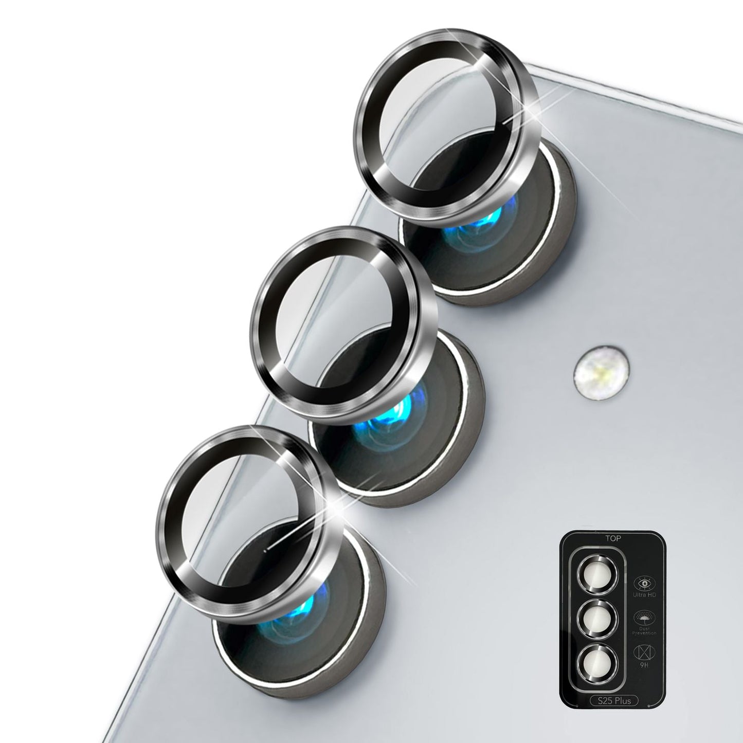 NALIA Focus.Pro CLX Glass for Samsung Galaxy S25 Plus, Anti-Reflective Camera Protection, Individual Clear Camera Lenses with Colored Frame, 9H Lens Rings for Rear Camera, 3 Pack