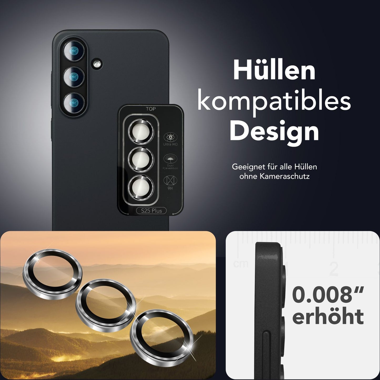 NALIA Focus.Pro CLX Glass for Samsung Galaxy S25 Plus, Anti-Reflective Camera Protection, Individual Clear Camera Lenses with Colored Frame, 9H Lens Rings for Rear Camera, 3 Pack