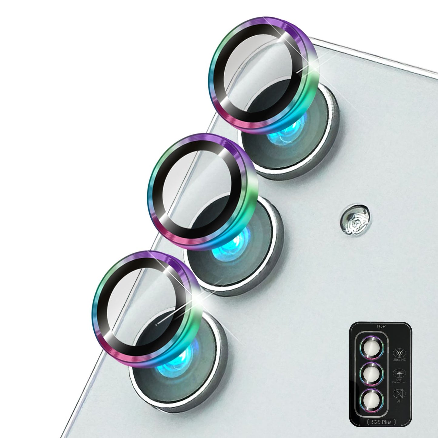 NALIA Focus.Pro CLX Glass for Samsung Galaxy S25 Plus, Anti-Reflective Camera Protection, Individual Clear Camera Lenses with Colored Frame, 9H Lens Rings for Rear Camera, 3 Pack
