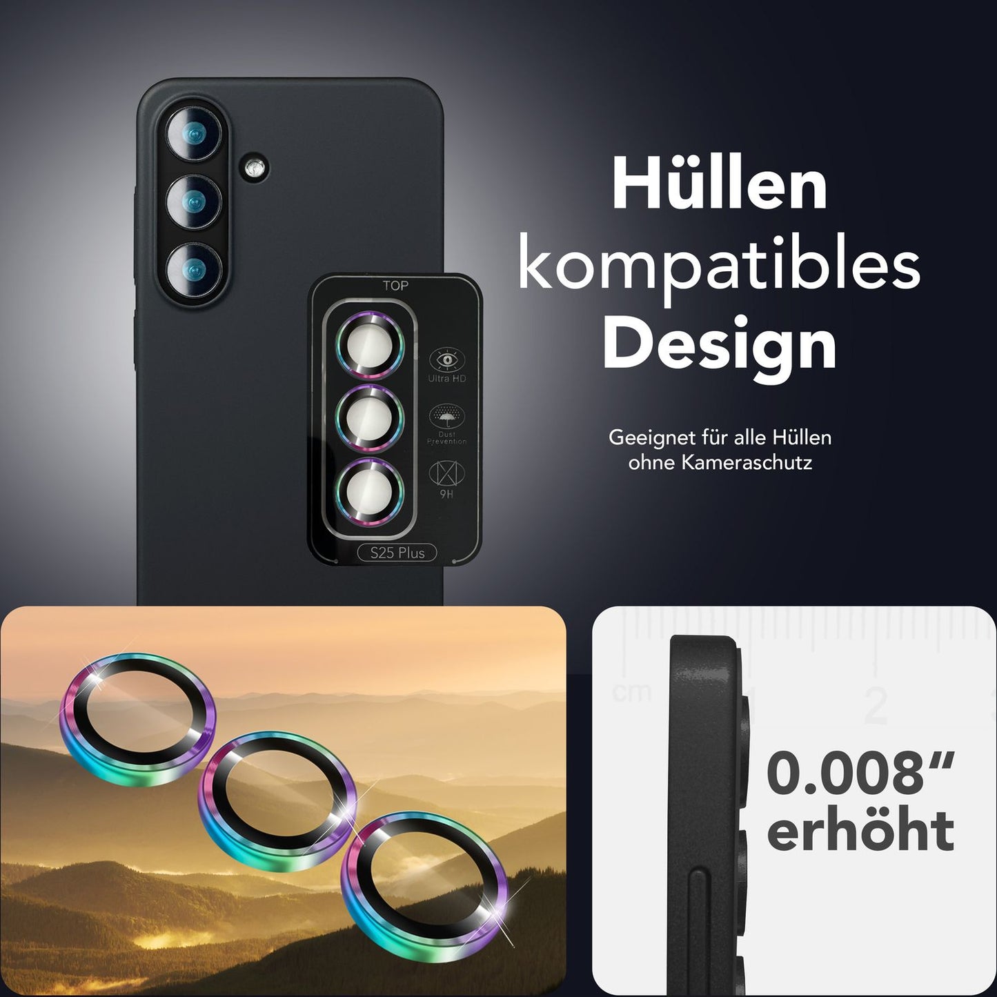 NALIA Focus.Pro CLX Glass for Samsung Galaxy S25 Plus, Anti-Reflective Camera Protection, Individual Clear Camera Lenses with Colored Frame, 9H Lens Rings for Rear Camera, 3 Pack