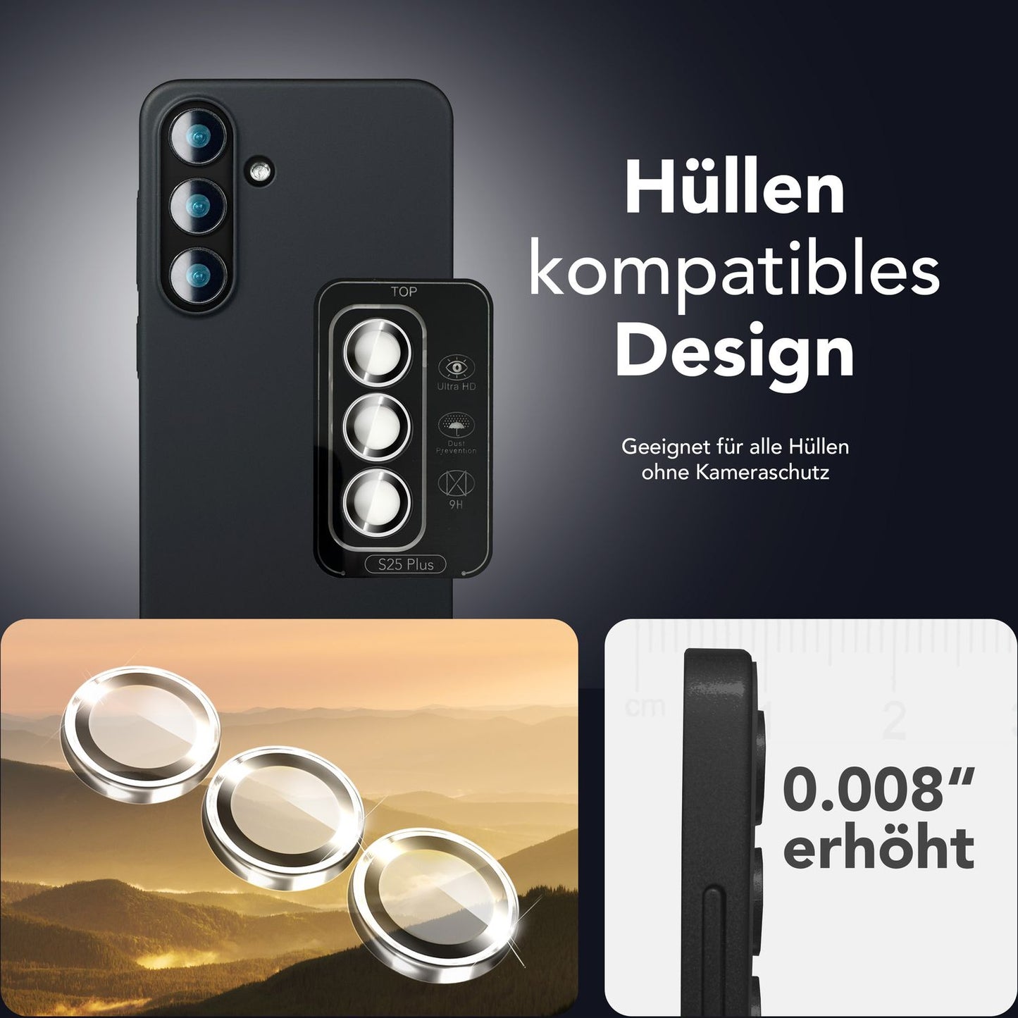 NALIA Focus.Pro CLX Glass for Samsung Galaxy S25 Plus, Anti-Reflective Camera Protection, Individual Clear Camera Lenses with Colored Frame, 9H Lens Rings for Rear Camera, 3 Pack