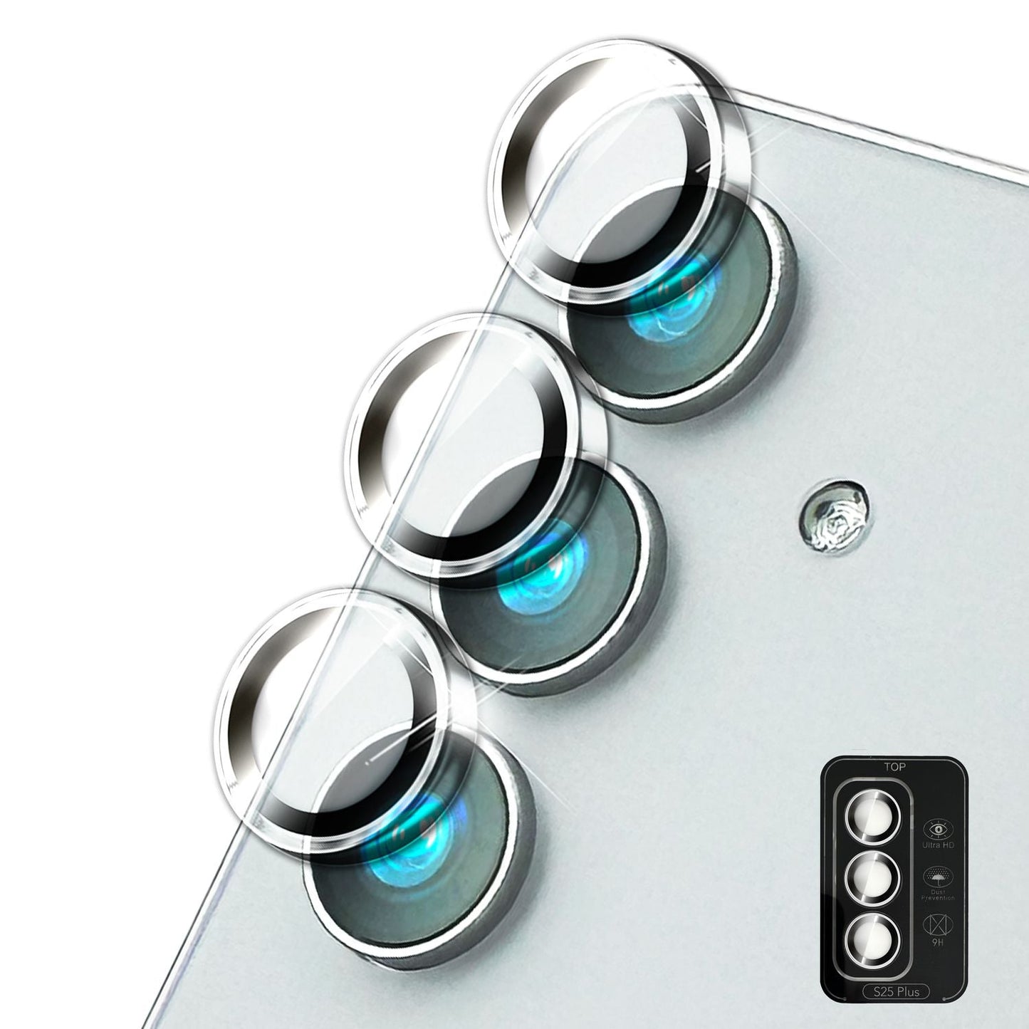 NALIA Focus.Pro CLX Glass for Samsung Galaxy S25 Plus, Anti-Reflective Camera Protection, Individual Clear Camera Lenses with Colored Frame, 9H Lens Rings for Rear Camera, 3 Pack