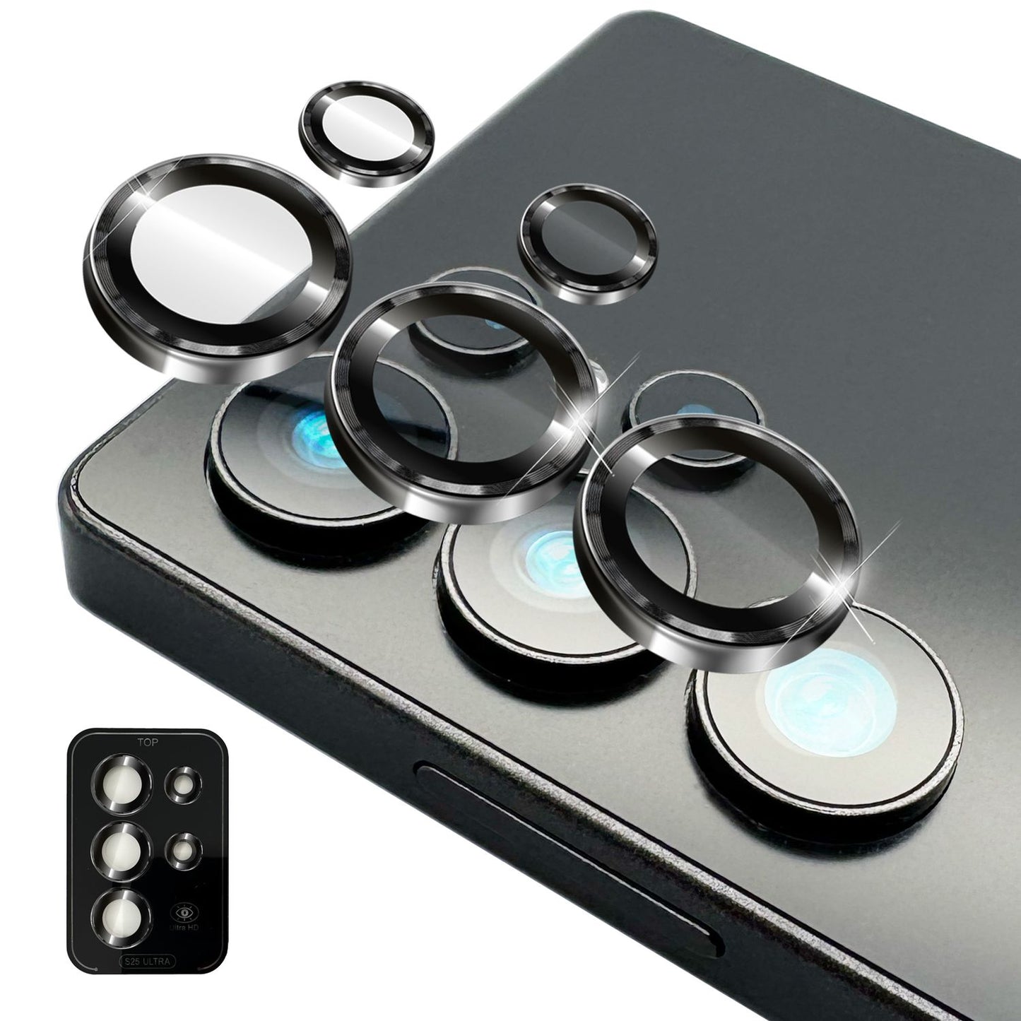 NALIA Focus.Pro CLX fyrir Samsung Galaxy S25 Ultra gler, speglunarvörn fyrir myndavélina, einstakir glærir myndavélarglerhringir með lituðum brúnum, linsuvörn fyrir aftari myndavél, 5 stykki