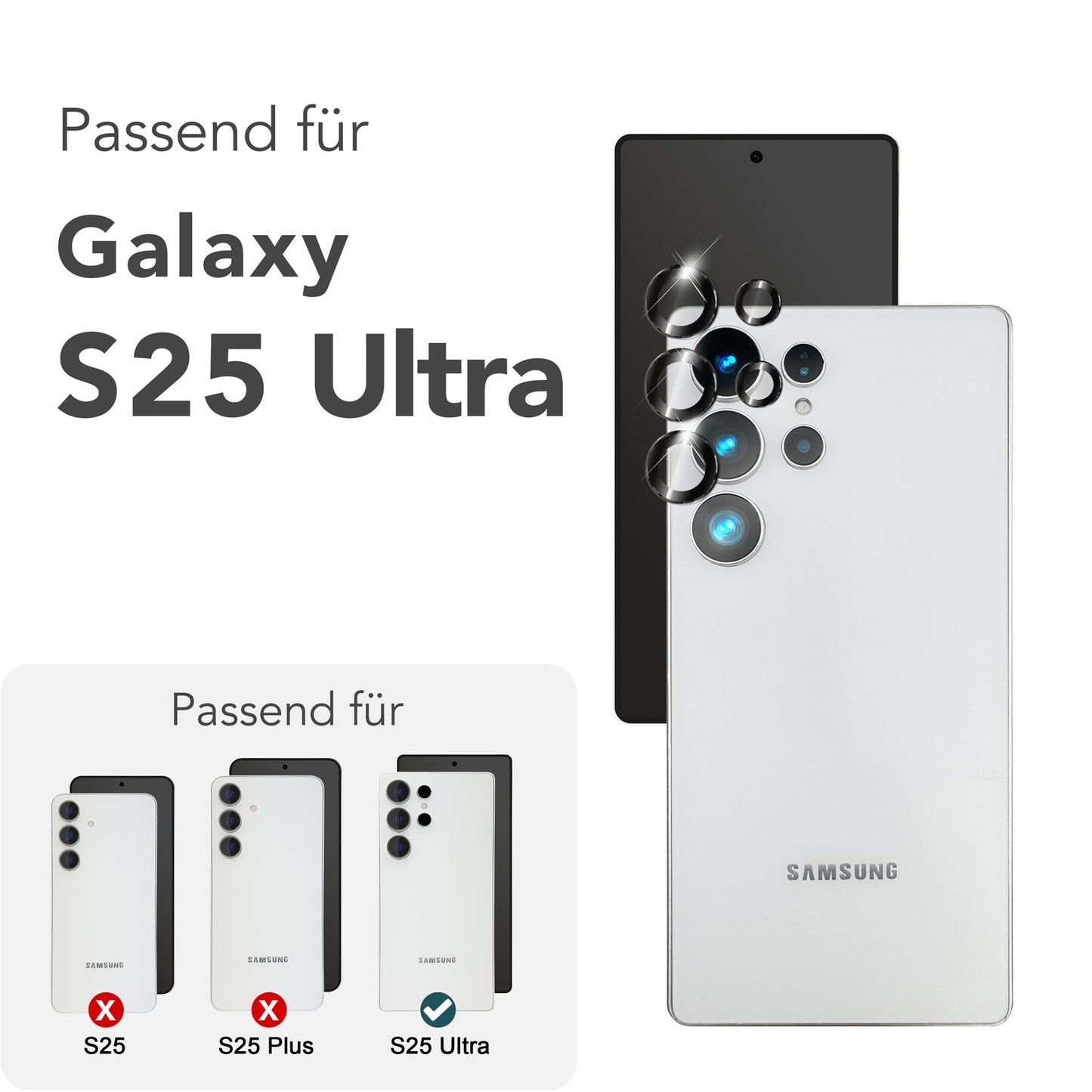 NALIA Focus.Pro CLX fyrir Samsung Galaxy S25 Ultra gler, speglunarvörn fyrir myndavélina, einstakir glærir myndavélarglerhringir með lituðum brúnum, linsuvörn fyrir aftari myndavél, 5 stykki