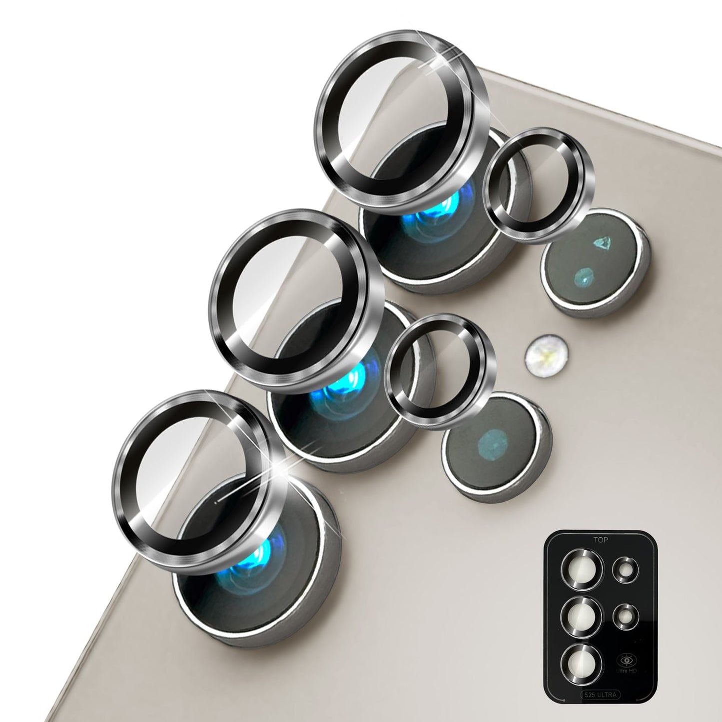 NALIA Focus.Pro CLX fyrir Samsung Galaxy S25 Ultra gler, speglunarvörn fyrir myndavélina, einstakir glærir myndavélarglerhringir með lituðum brúnum, linsuvörn fyrir aftari myndavél, 5 stykki