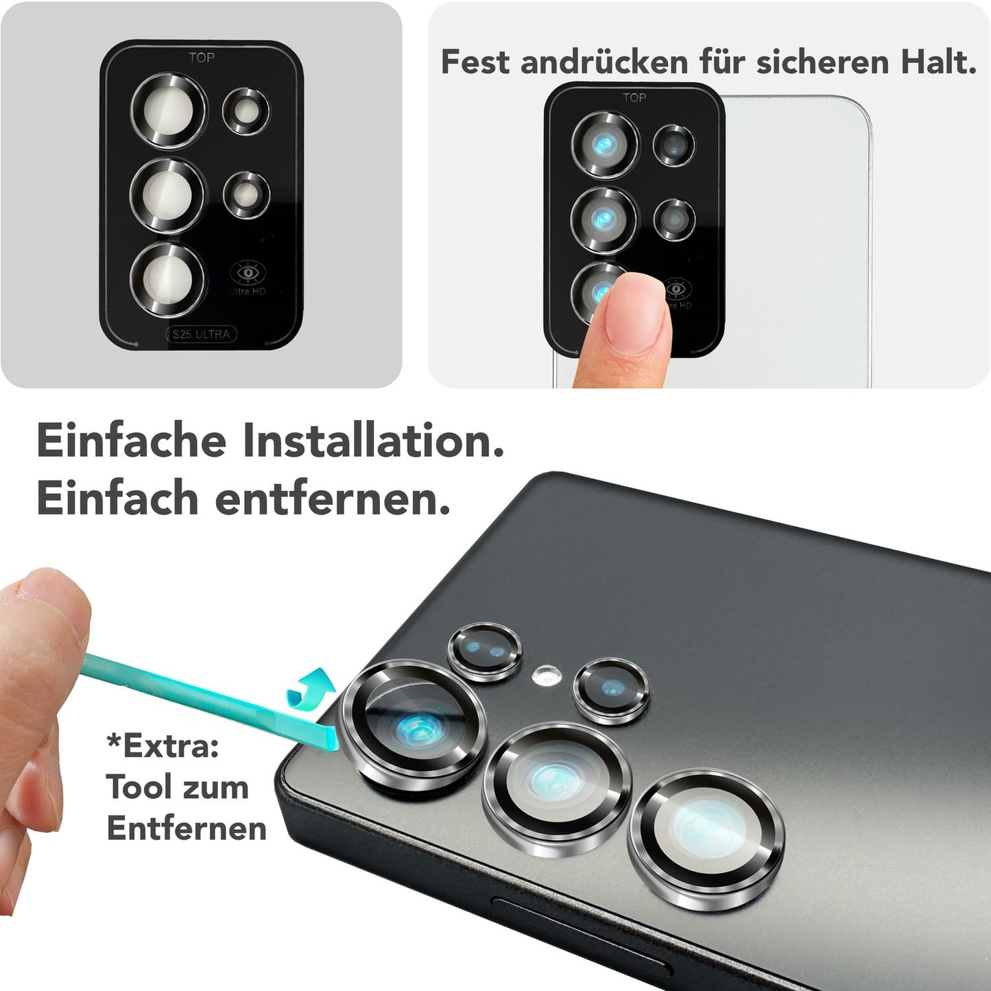 NALIA Focus.Pro CLX fyrir Samsung Galaxy S25 Ultra gler, speglunarvörn fyrir myndavélina, einstakir glærir myndavélarglerhringir með lituðum brúnum, linsuvörn fyrir aftari myndavél, 5 stykki