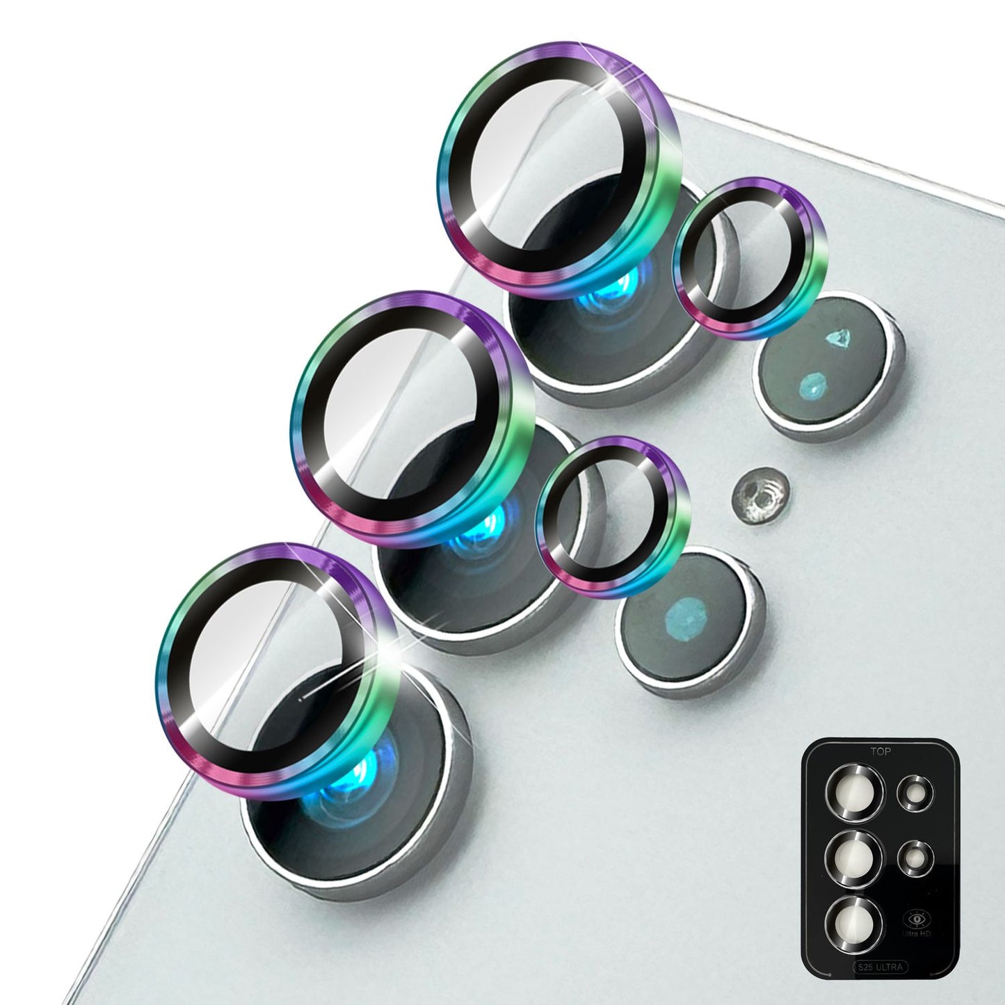 NALIA Focus.Pro CLX fyrir Samsung Galaxy S25 Ultra gler, speglunarvörn fyrir myndavélina, einstakir glærir myndavélarglerhringir með lituðum brúnum, linsuvörn fyrir aftari myndavél, 5 stykki