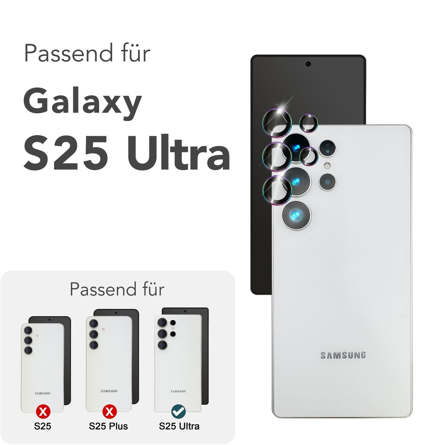 NALIA Focus.Pro CLX fyrir Samsung Galaxy S25 Ultra gler, speglunarvörn fyrir myndavélina, einstakir glærir myndavélarglerhringir með lituðum brúnum, linsuvörn fyrir aftari myndavél, 5 stykki