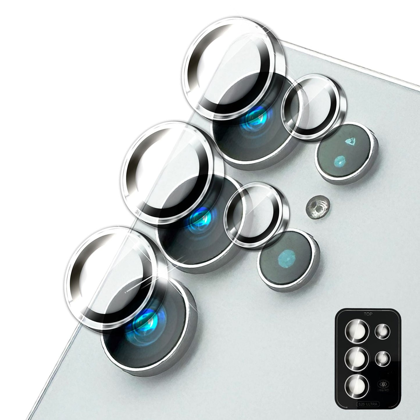 NALIA Focus.Pro CLX fyrir Samsung Galaxy S25 Ultra gler, speglunarvörn fyrir myndavélina, einstakir glærir myndavélarglerhringir með lituðum brúnum, linsuvörn fyrir aftari myndavél, 5 stykki