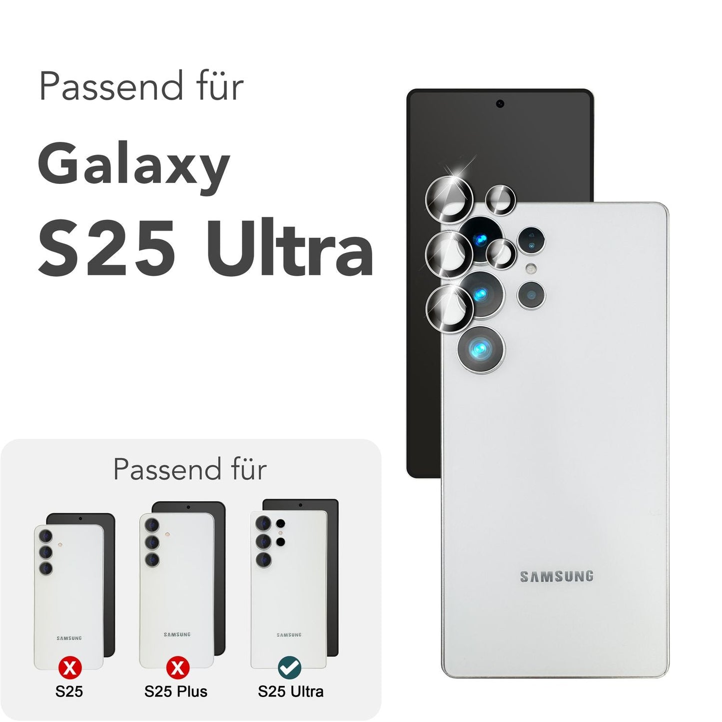 NALIA Focus.Pro CLX fyrir Samsung Galaxy S25 Ultra gler, speglunarvörn fyrir myndavélina, einstakir glærir myndavélarglerhringir með lituðum brúnum, linsuvörn fyrir aftari myndavél, 5 stykki