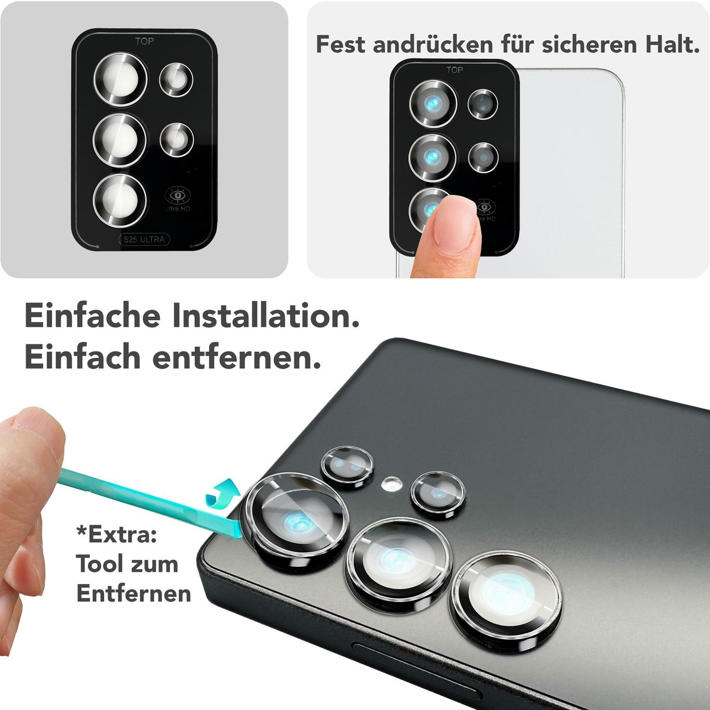 NALIA Focus.Pro CLX fyrir Samsung Galaxy S25 Ultra gler, speglunarvörn fyrir myndavélina, einstakir glærir myndavélarglerhringir með lituðum brúnum, linsuvörn fyrir aftari myndavél, 5 stykki