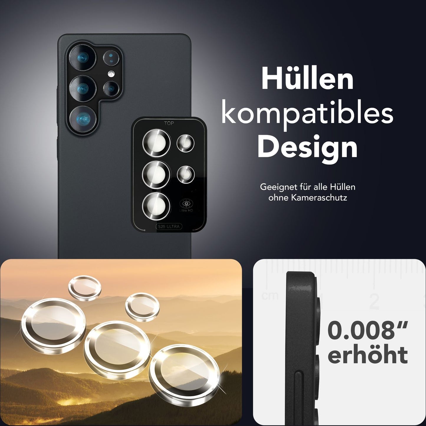 NALIA Focus.Pro CLX fyrir Samsung Galaxy S25 Ultra gler, speglunarvörn fyrir myndavélina, einstakir glærir myndavélarglerhringir með lituðum brúnum, linsuvörn fyrir aftari myndavél, 5 stykki