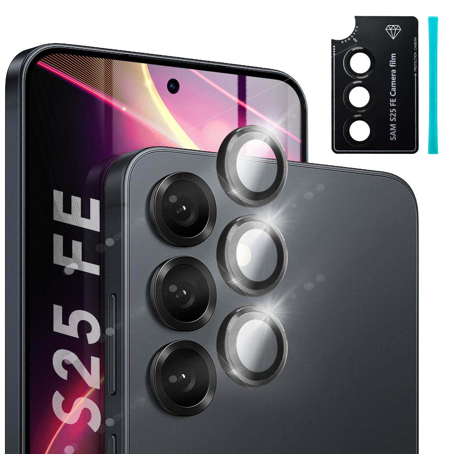 NALIA myndavélargler Focus.Pro CLX fyrir Samsung Galaxy S25 FE (kristaltærar myndir) - Myndavélarhlíf, 9H linsugler, endurskinsvörn, gegnsætt, sjálflímandi, hulsturvænt, 3 stk.