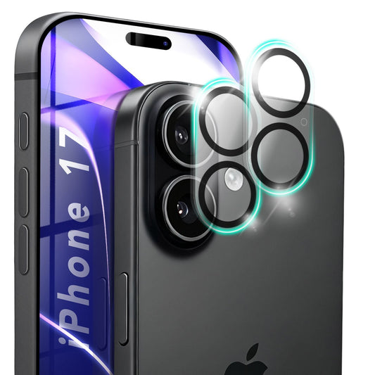 NALIA myndavélarlinsa Focus.X2 MAX fyrir Apple iPhone 17 (glær myndavélarvörn) – 2 stk. pakki, 9H hertu gleri með spegilvörn, sjálflímandi, full linsuvörn, samhæft við hulstur.