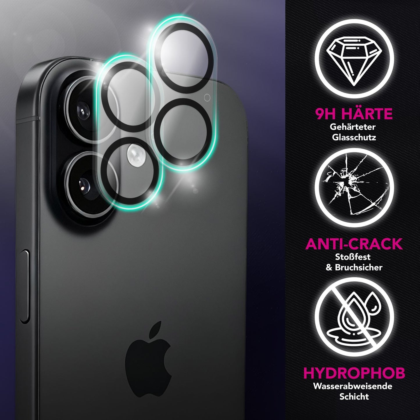 NALIA myndavélarlinsa Focus.X2 MAX fyrir Apple iPhone 17 (glær myndavélarvörn) – 2 stk. pakki, 9H hertu gleri með spegilvörn, sjálflímandi, full linsuvörn, samhæft við hulstur.