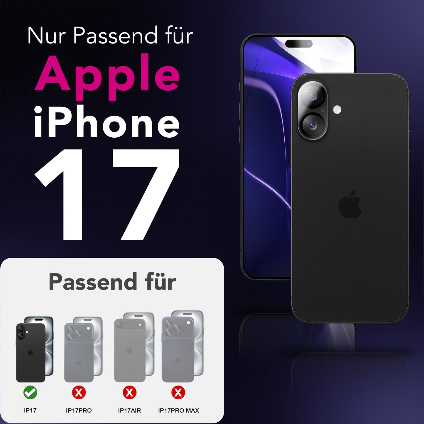 NALIA myndavélarlinsa Focus.X2 MAX fyrir Apple iPhone 17 (glær myndavélarvörn) – 2 stk. pakki, 9H hertu gleri með spegilvörn, sjálflímandi, full linsuvörn, samhæft við hulstur.