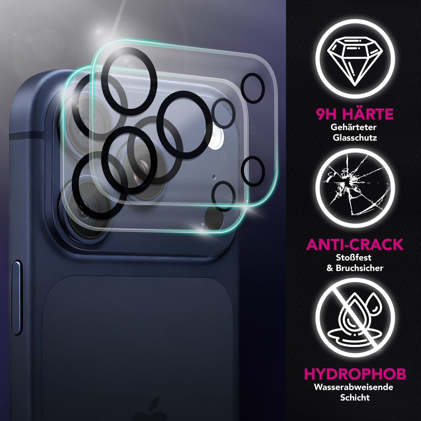 NALIA myndavélarlinsa Focus.X2 MAX fyrir Apple iPhone 17 Pro Max (glær myndavélarvörn) – 2 stk. pakki, 9H verndargler með speglunarvörn, full linsuvörn, hentar vel í hulstur.