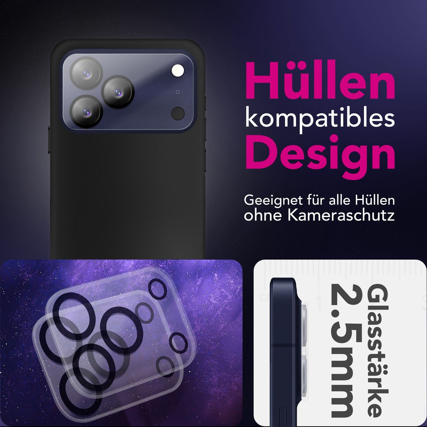 NALIA myndavélarlinsa Focus.X2 MAX fyrir Apple iPhone 17 Pro Max (glær myndavélarvörn) – 2 stk. pakki, 9H verndargler með speglunarvörn, full linsuvörn, hentar vel í hulstur.