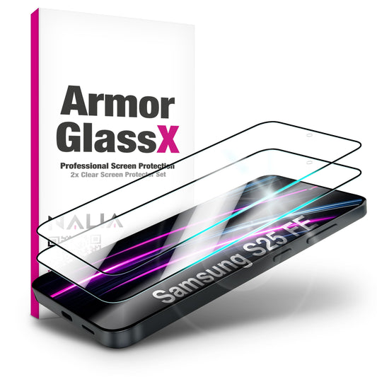 NALIA Glass ArmorGlassX fyrir Samsung Galaxy S25 FE (mjög gegnsætt skjáhlíf) - 2x hlífðargler 9H hörku, rispuþolið, flekkfrítt, passar við hulstur, olíufælandi, svartur rammi