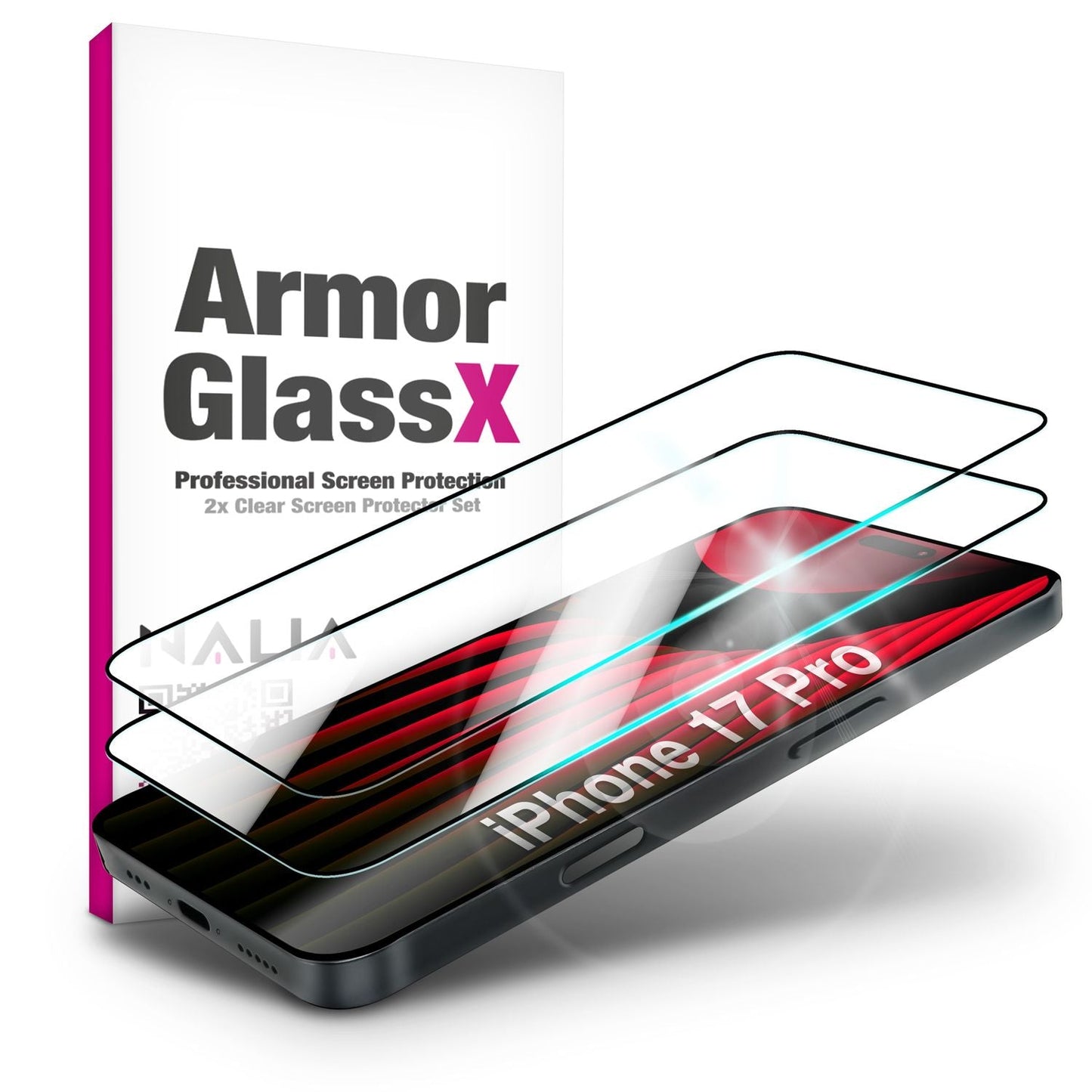 NALIA Display Glas ArmorGlassX für Apple iPhone 17 Pro (super klarer Displayschutz) - 2x Schutzglas 9H Härte, Kratzfest, Oleophob, Anti-Flecken, Case-kompatibel, schwarzer Rahmen