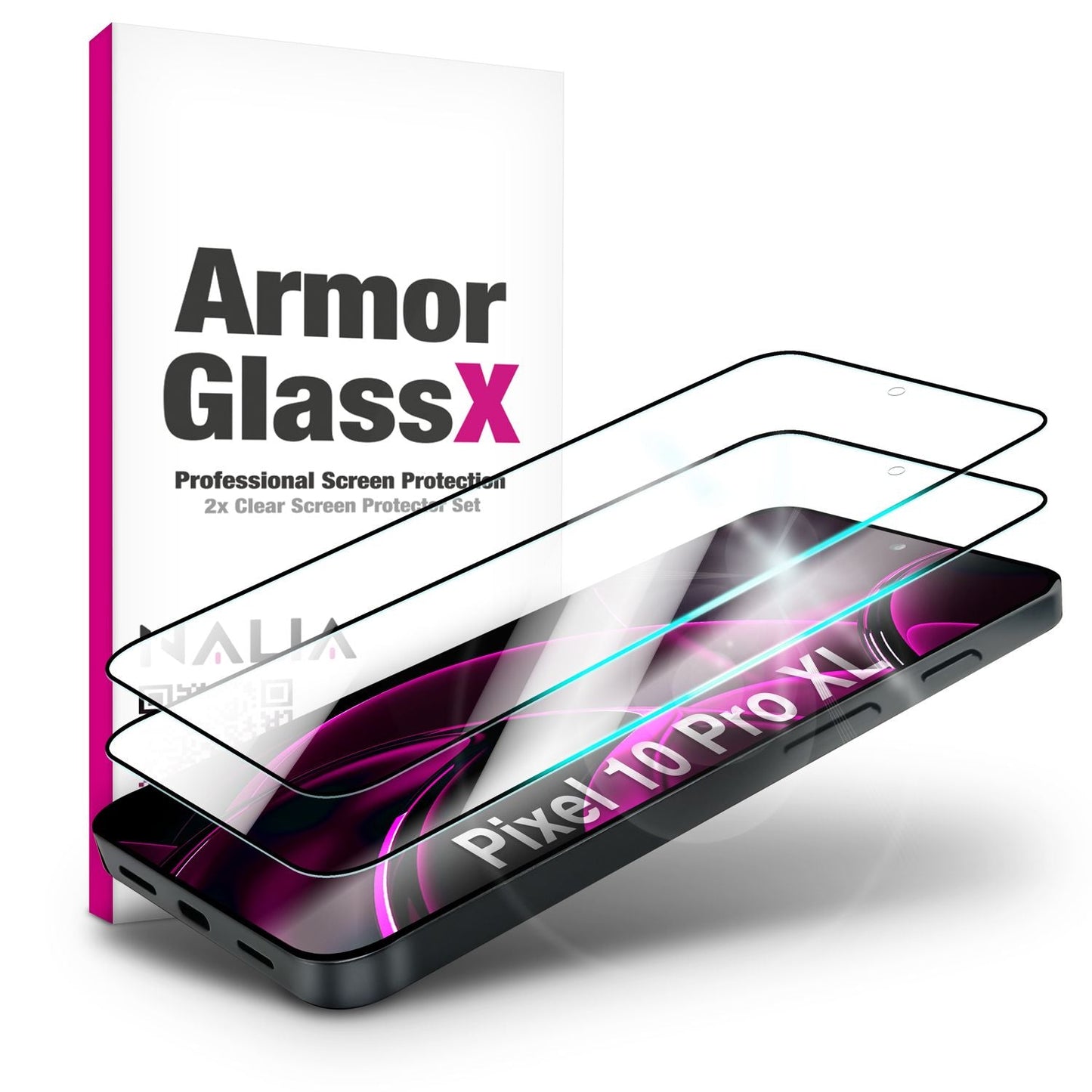 NALIA Display Glas ArmorGlassX für Google Pixel 10 / 10 Pro (super klarer Displayschutz), 2x Schutzglas 9H Härte, Case-kompatibel, Kratzfest, Touch-sensitiv, schwarzer Rahmen