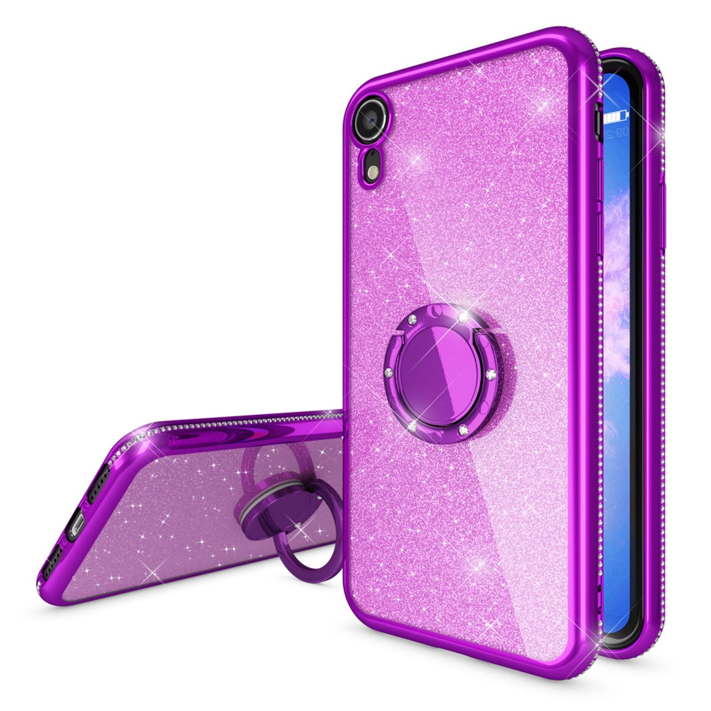 NALIA Ring Hülle für Apple iPhone XR, Glitzer Handy Hülle Silikon Cover Case