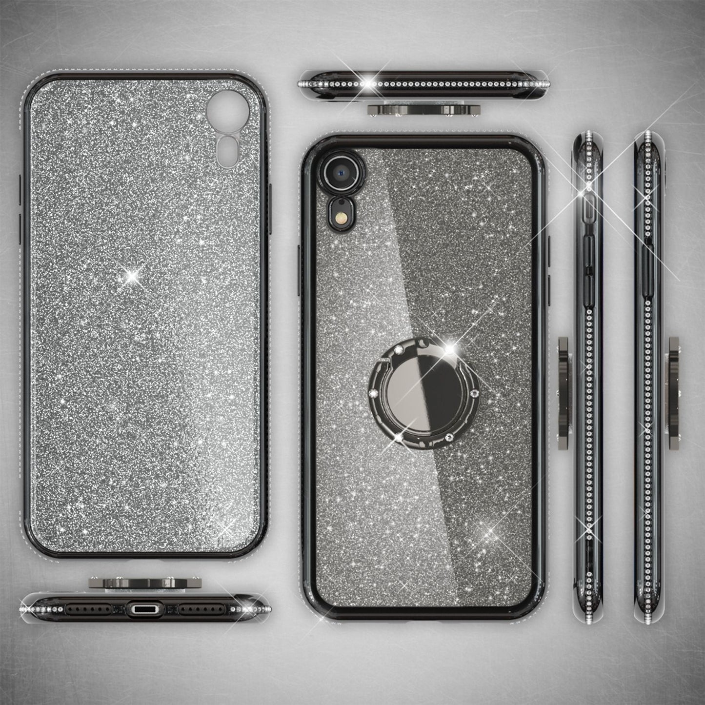 NALIA Ring Hülle für Apple iPhone XR, Glitzer Handy Hülle Silikon Cover Case