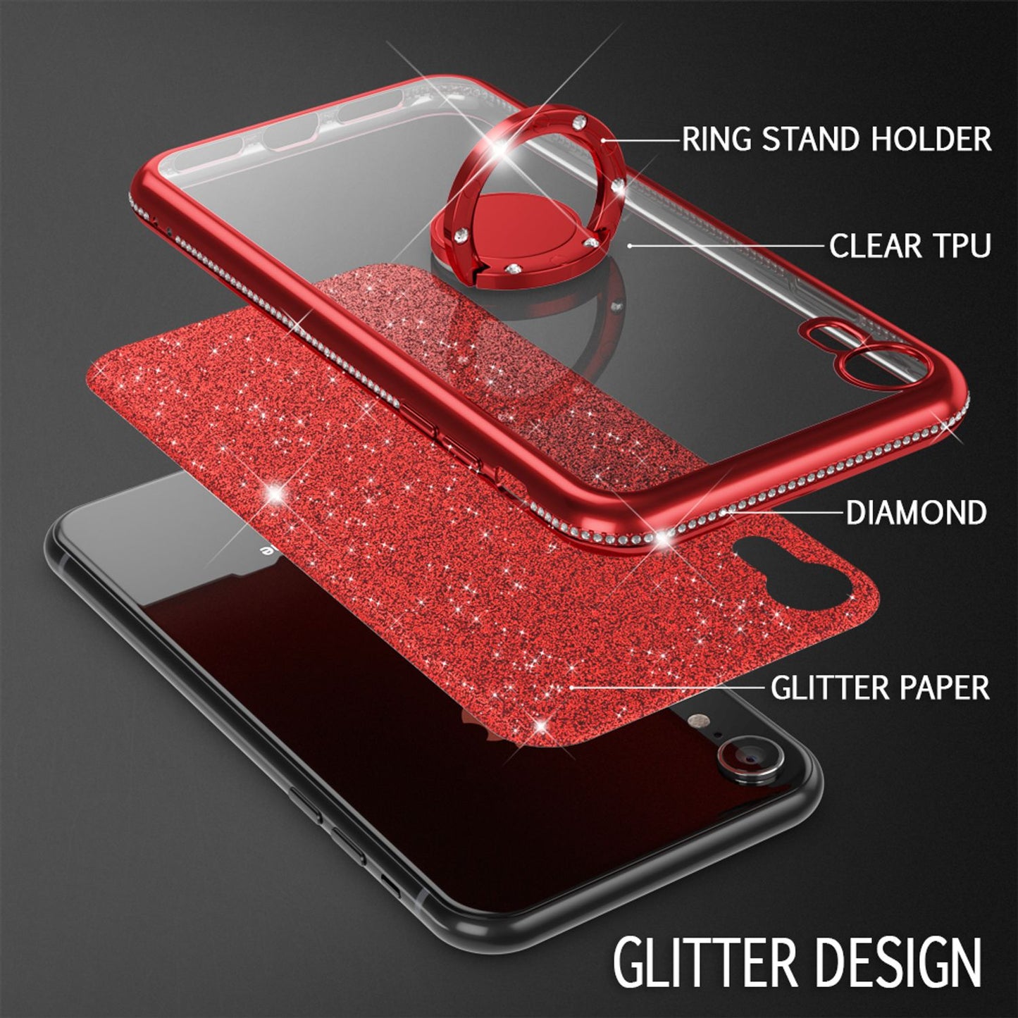 NALIA Ring Hülle für Apple iPhone XR, Glitzer Handy Hülle Silikon Cover Case