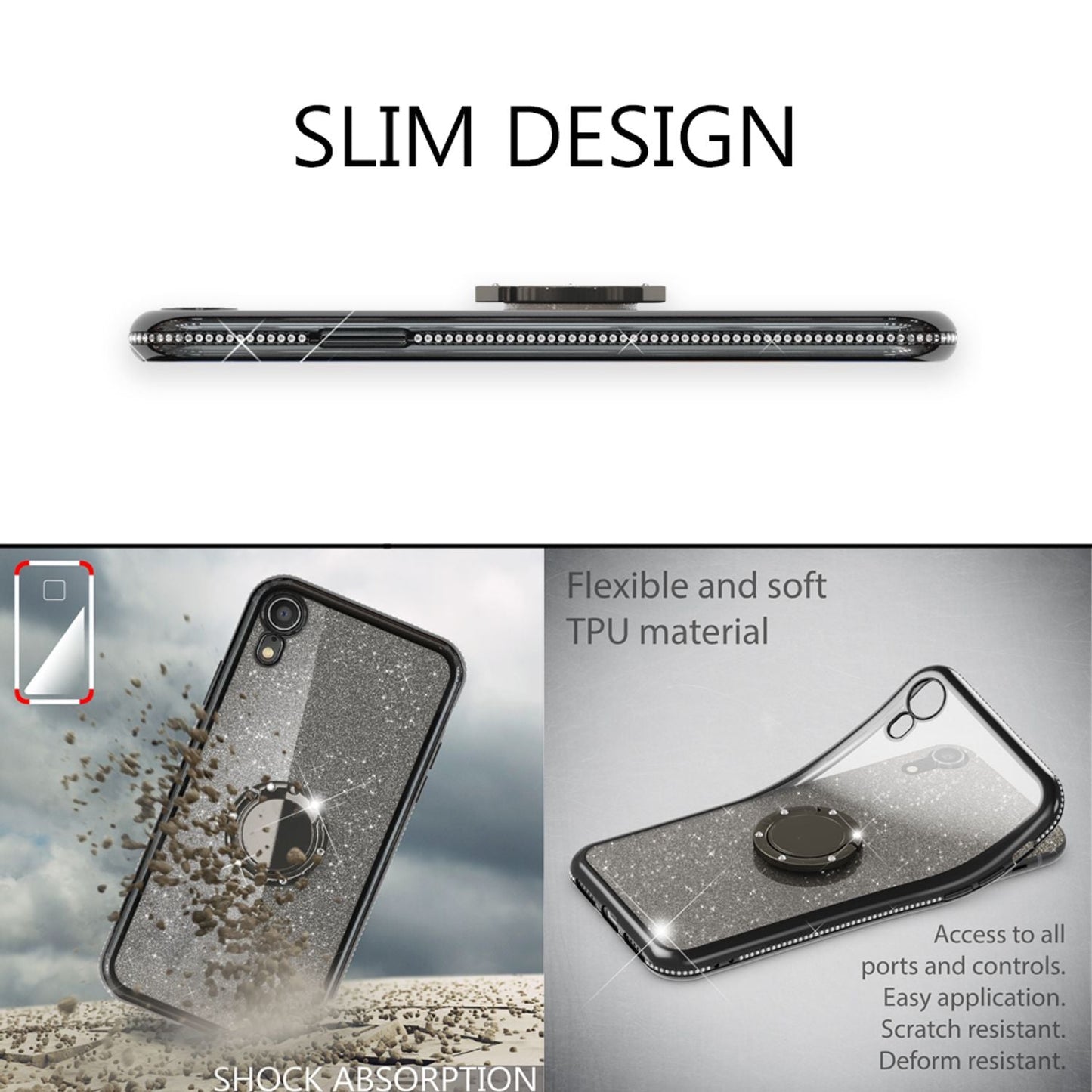 NALIA Ring Hülle für Apple iPhone XR, Glitzer Handy Hülle Silikon Cover Case