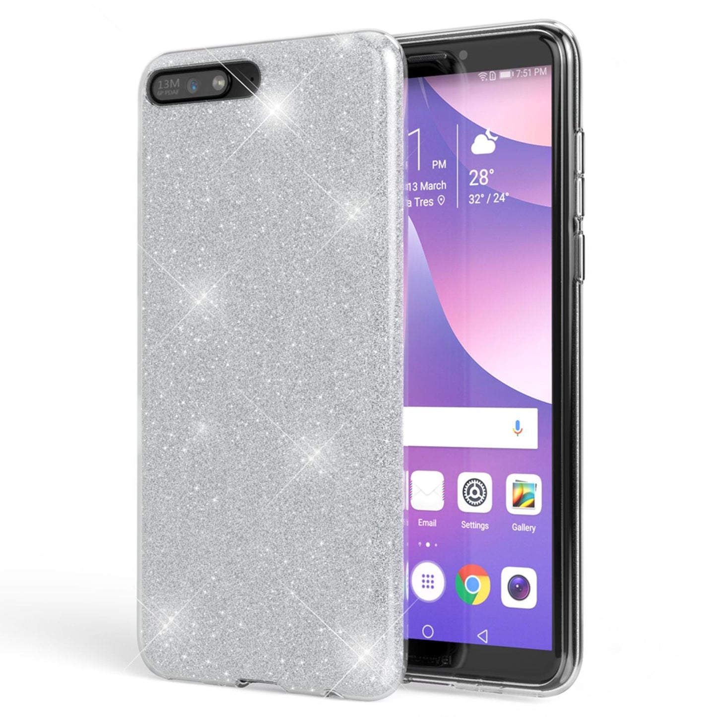 NALIA mobile phone case compatible with Huawei Y6 2018, glitter silicone case back cover