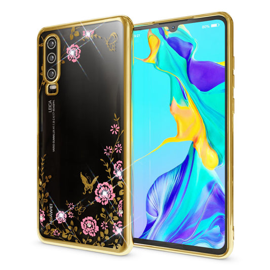 NALIA Phone Case for Huawei P30, Floral Pattern Metal Look Protective Cover Case