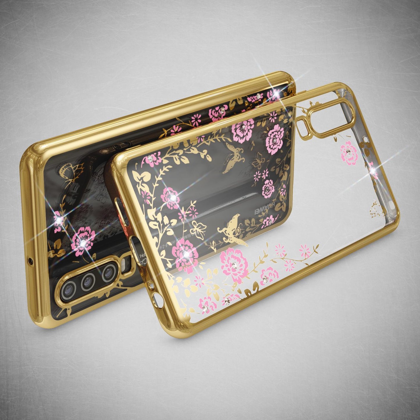 NALIA Phone Case for Huawei P30, Floral Pattern Metal Look Protective Cover Case